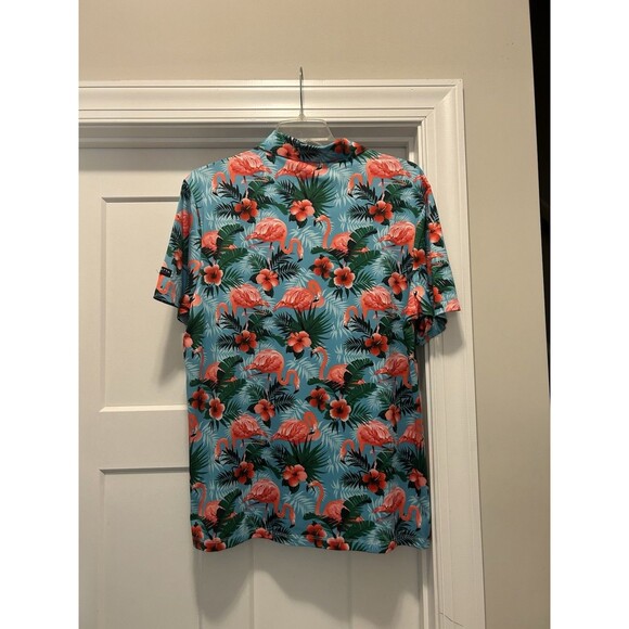 New Yata Golf Men Polo Flamingos Print Green Pink Size Large Performance Shirts - Picture 3 of 3